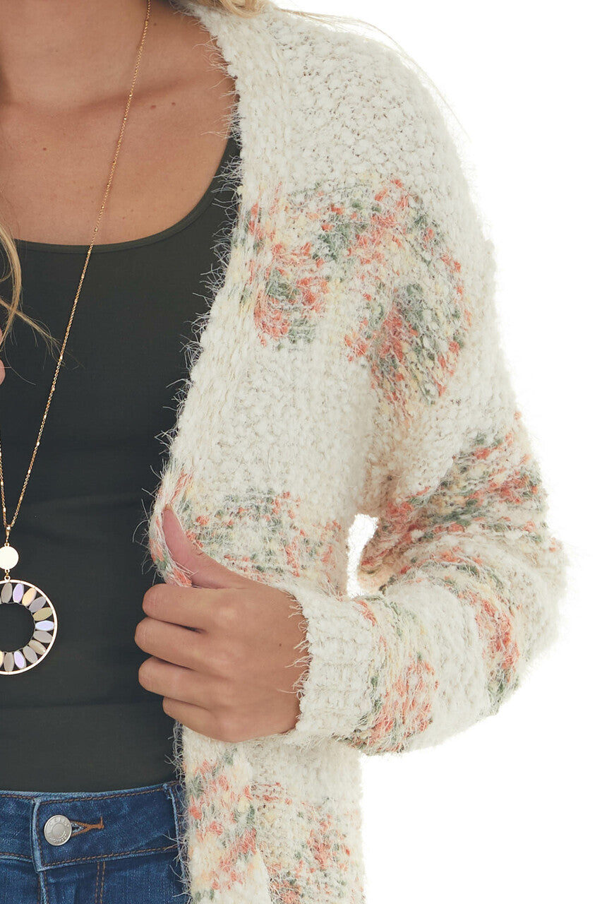 Cream Striped Open Front Popcorn Knit Cardigan 