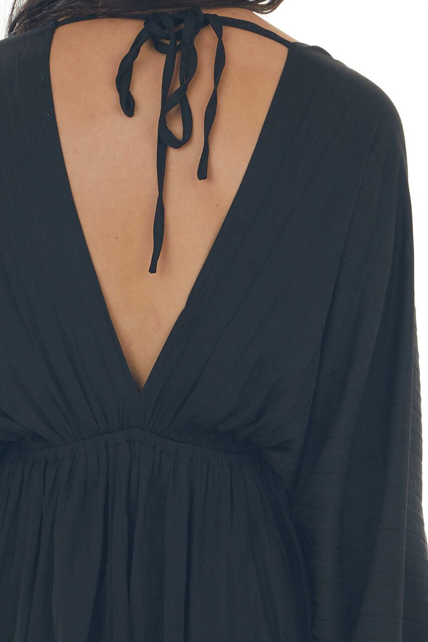 Black Pleated Bubble Sleeve V Neck Short Dress