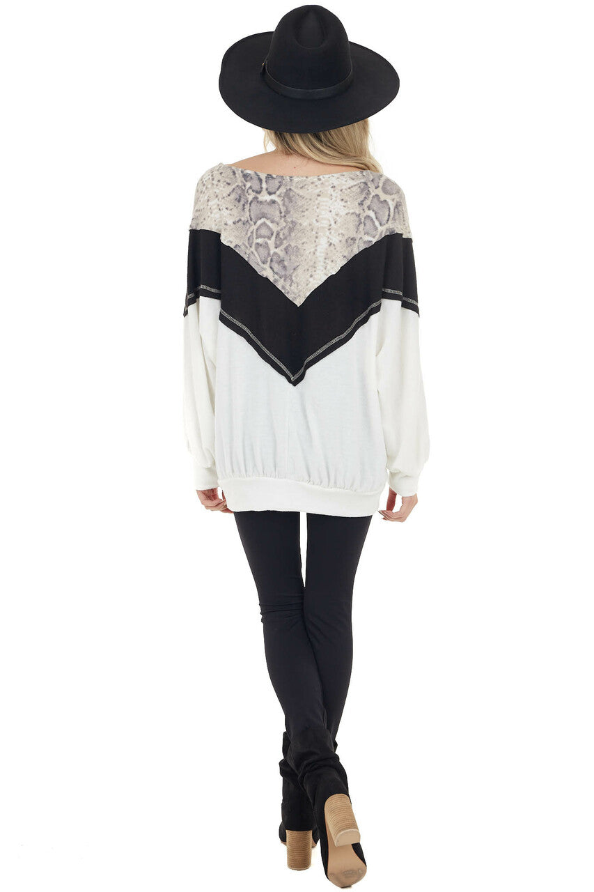 Black and White Long Sleeve Top with Animal Print Contrast
