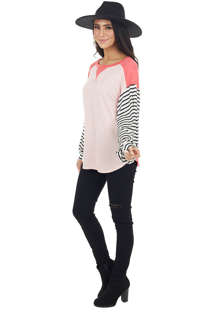 Blush and Coral V Stitch Knit Top with Striped Puff Sleeves