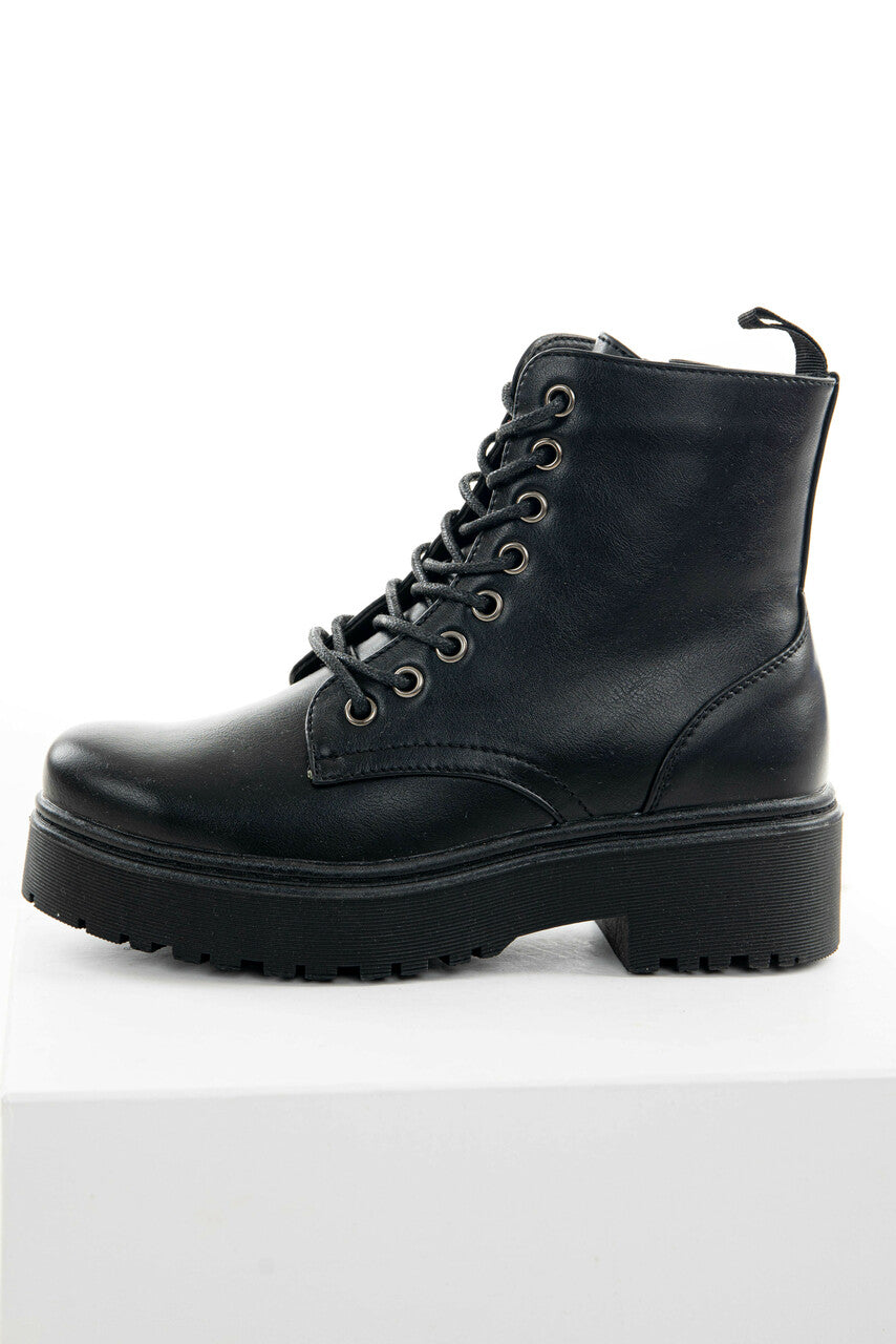 Black Faux Leather Lace Up Combat Booties