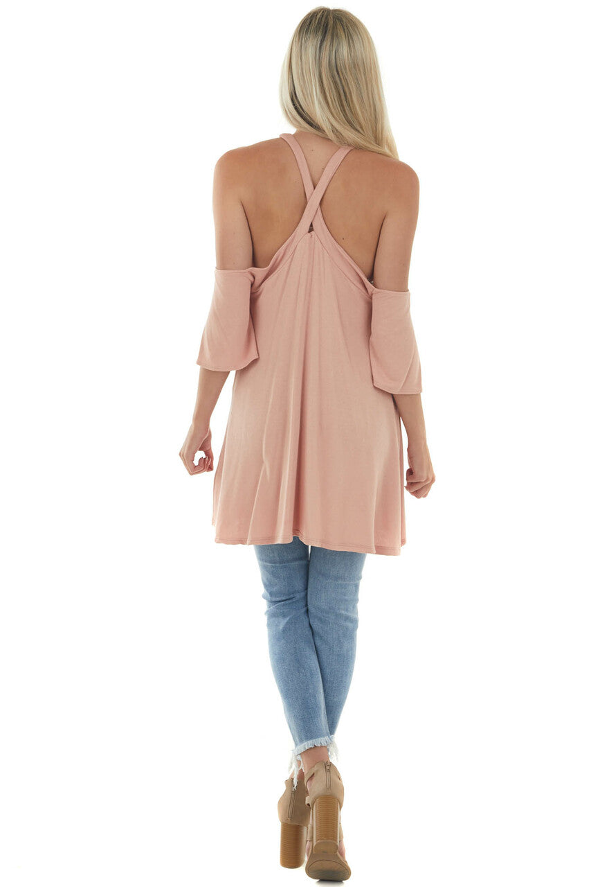 Peach Flutter Sleeve Cold Shoulder Halter Top