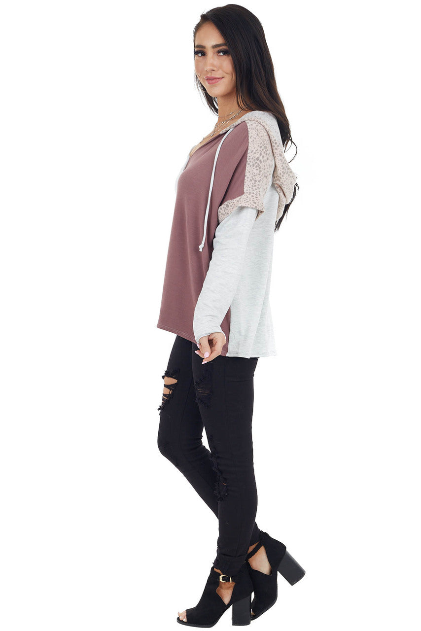 Marsala Colorblock Long Sleeve Hoodie with Cheetah Print