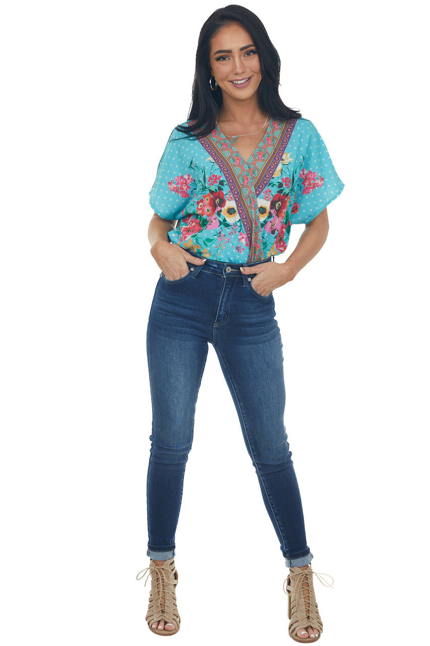 Aqua Blue Multiprint Short Sleeve Surplice Top