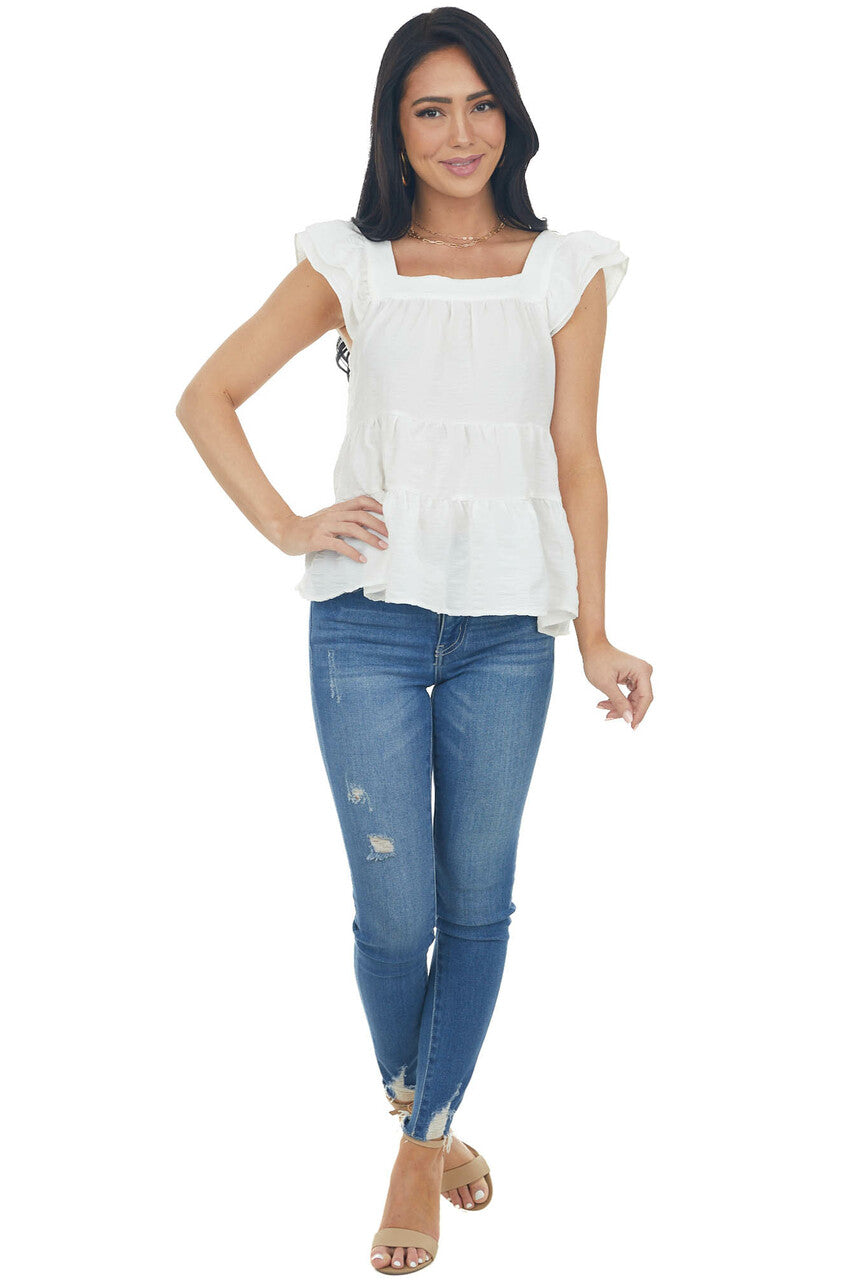 Ivory Square Neck Ruffle Tiered Blouse