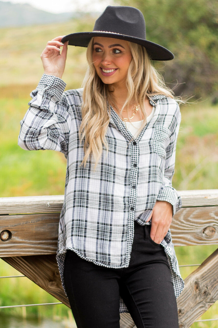 Black and Ivory Plaid Top with Checker Detail 