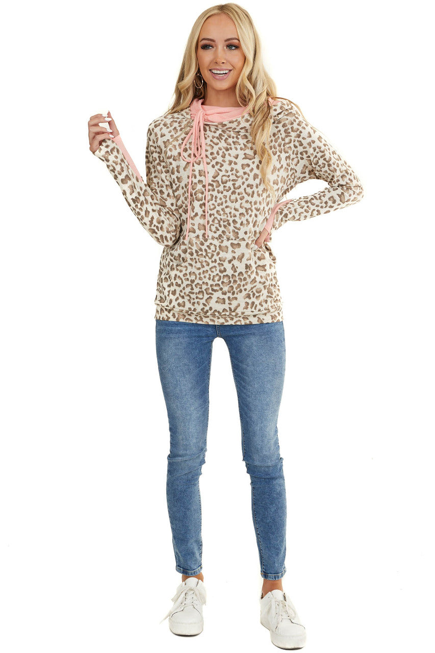 Ivory Leopard Hoodie with Pink Contrast and Side Zipper 