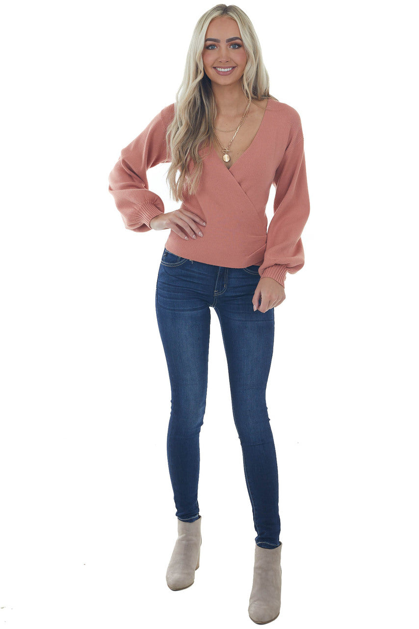 Ginger Ribbed Knit Plunging Surplice Sweater 