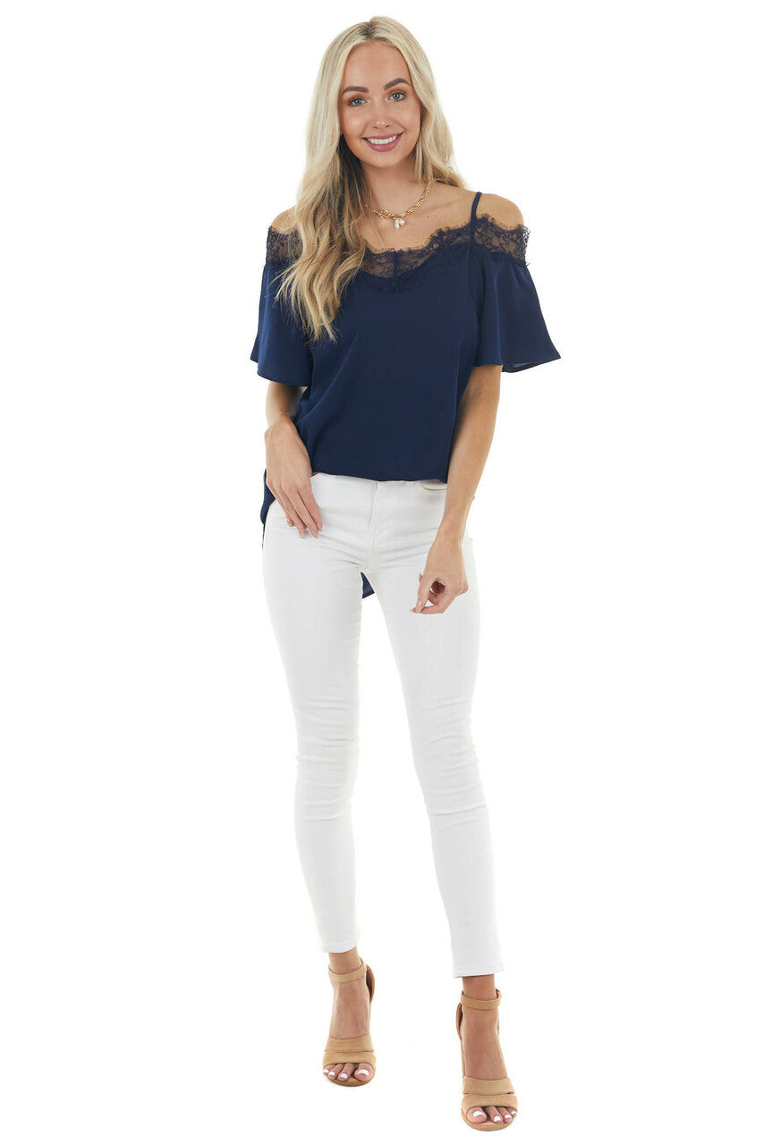 Navy Blue Cold Shoulder Short Sleeve Blouse with Lace