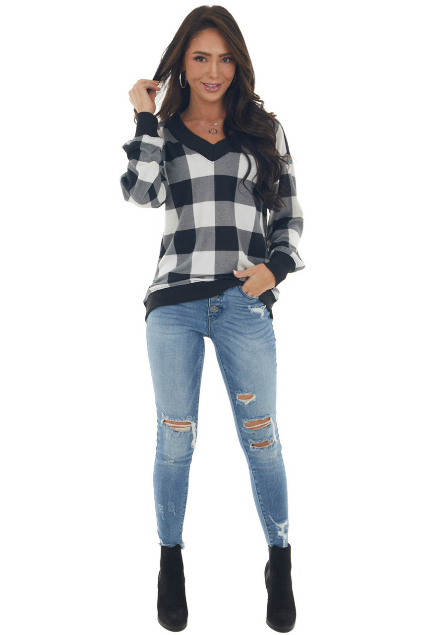 Off White Buffalo Plaid Long Sleeve Knit Top