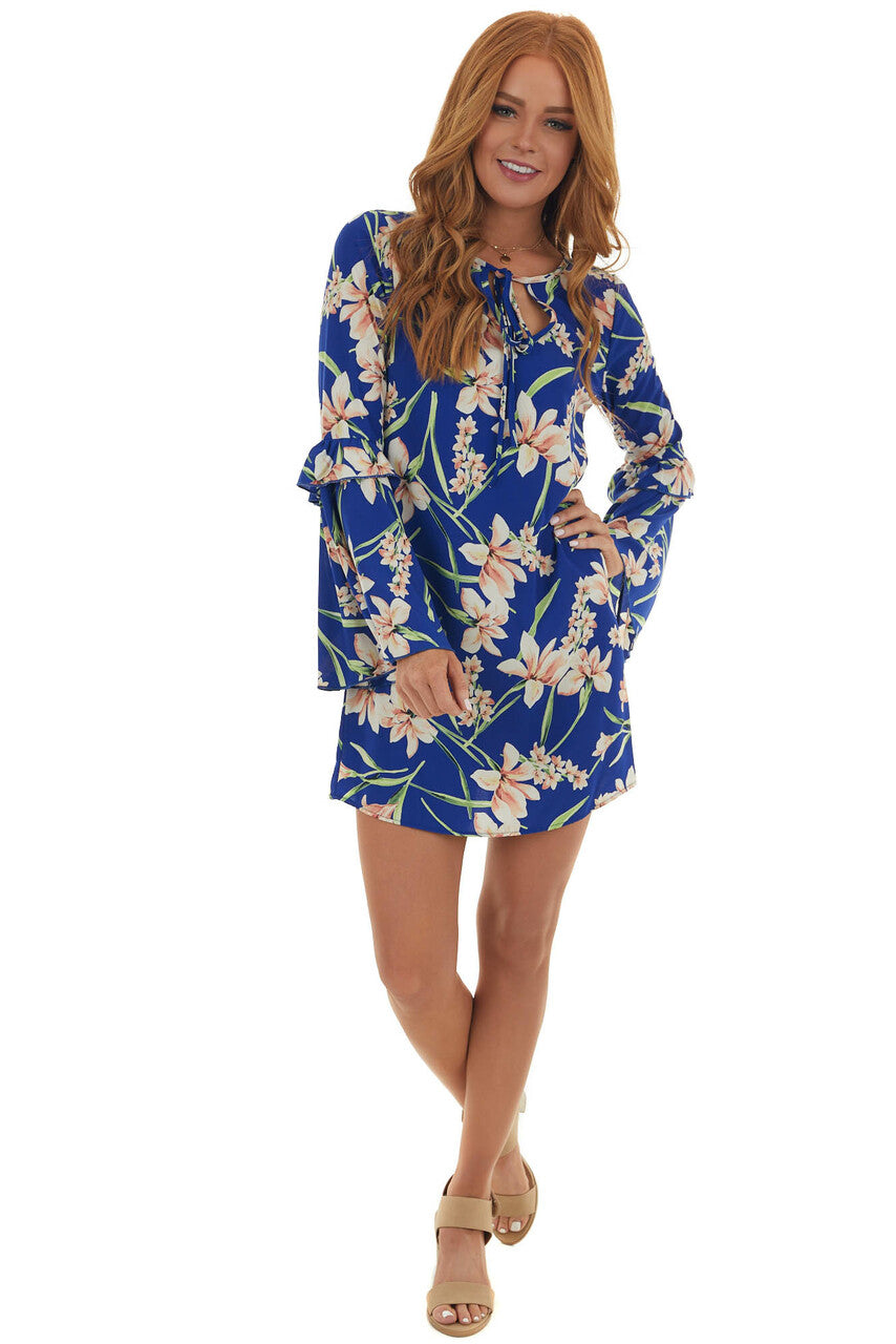 Royal Blue Floral Long Bell Sleeve Short Dress 