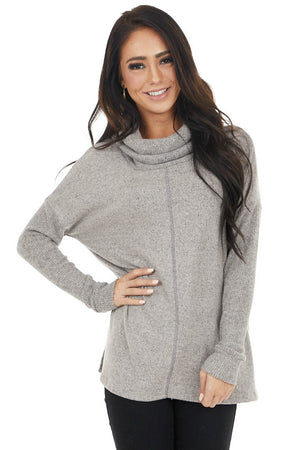 Vintage Taupe Cowl Neck Long Sleeve Top with Ribbed Detail