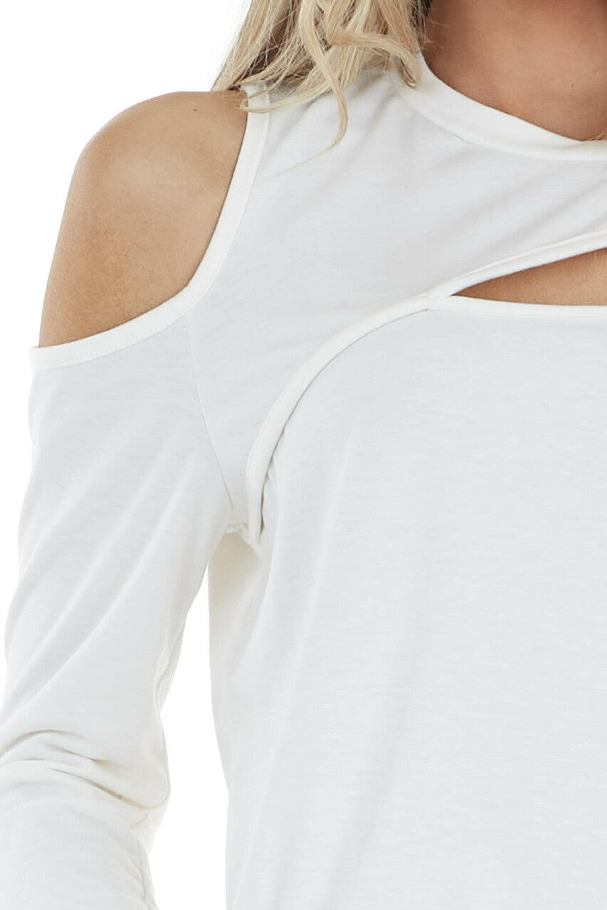 Off White Long Sleeve Open Front Top with Cold Shoulder