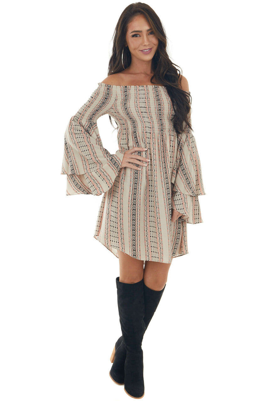 Coral Striped Off the Shoulder Smocked Dress 