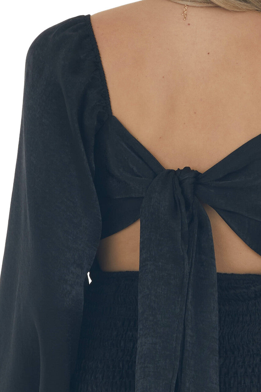 Black Silky Smocked Long Sleeve Short Dress 