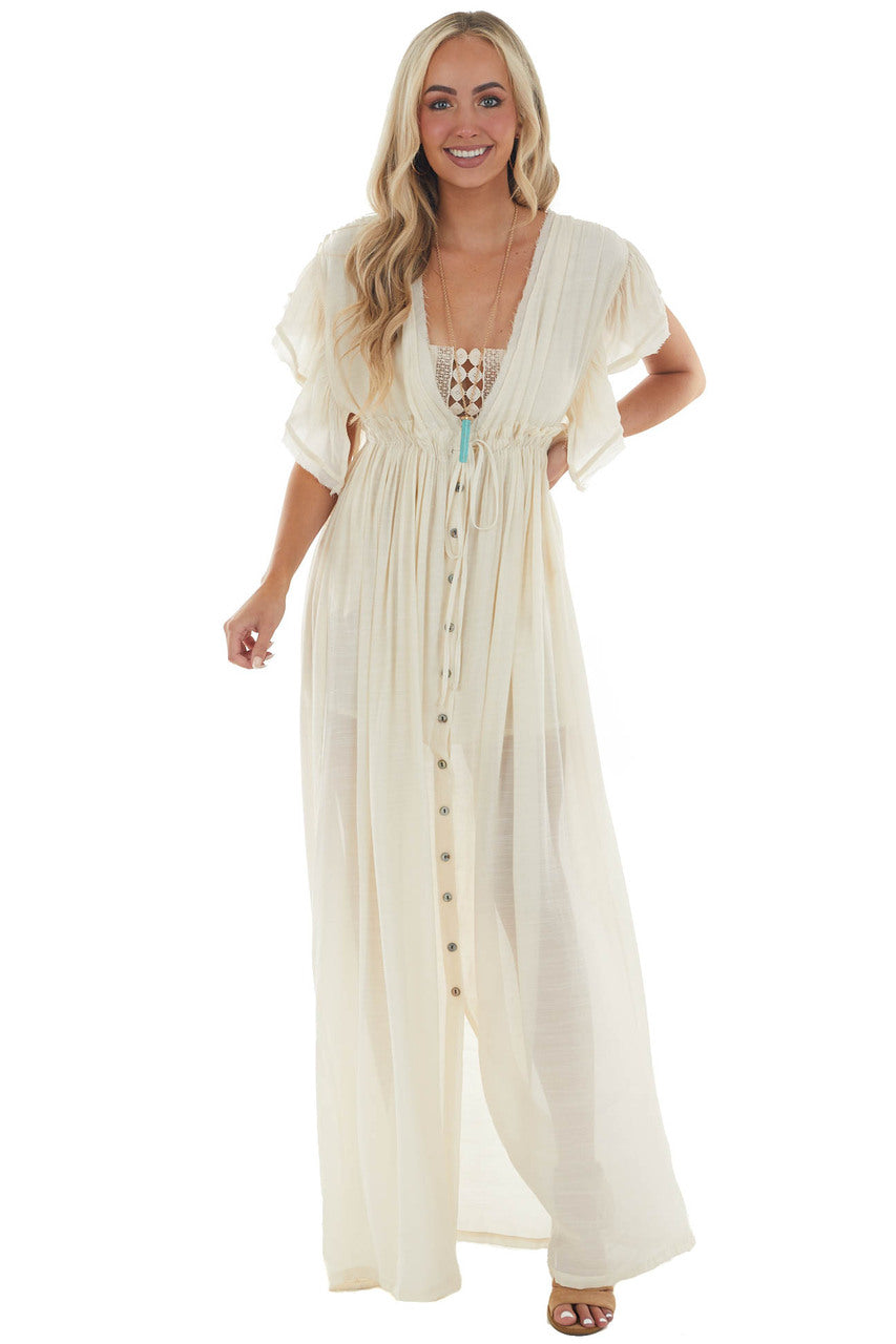 Cream Button Front Plunging V Neck Maxi Dress