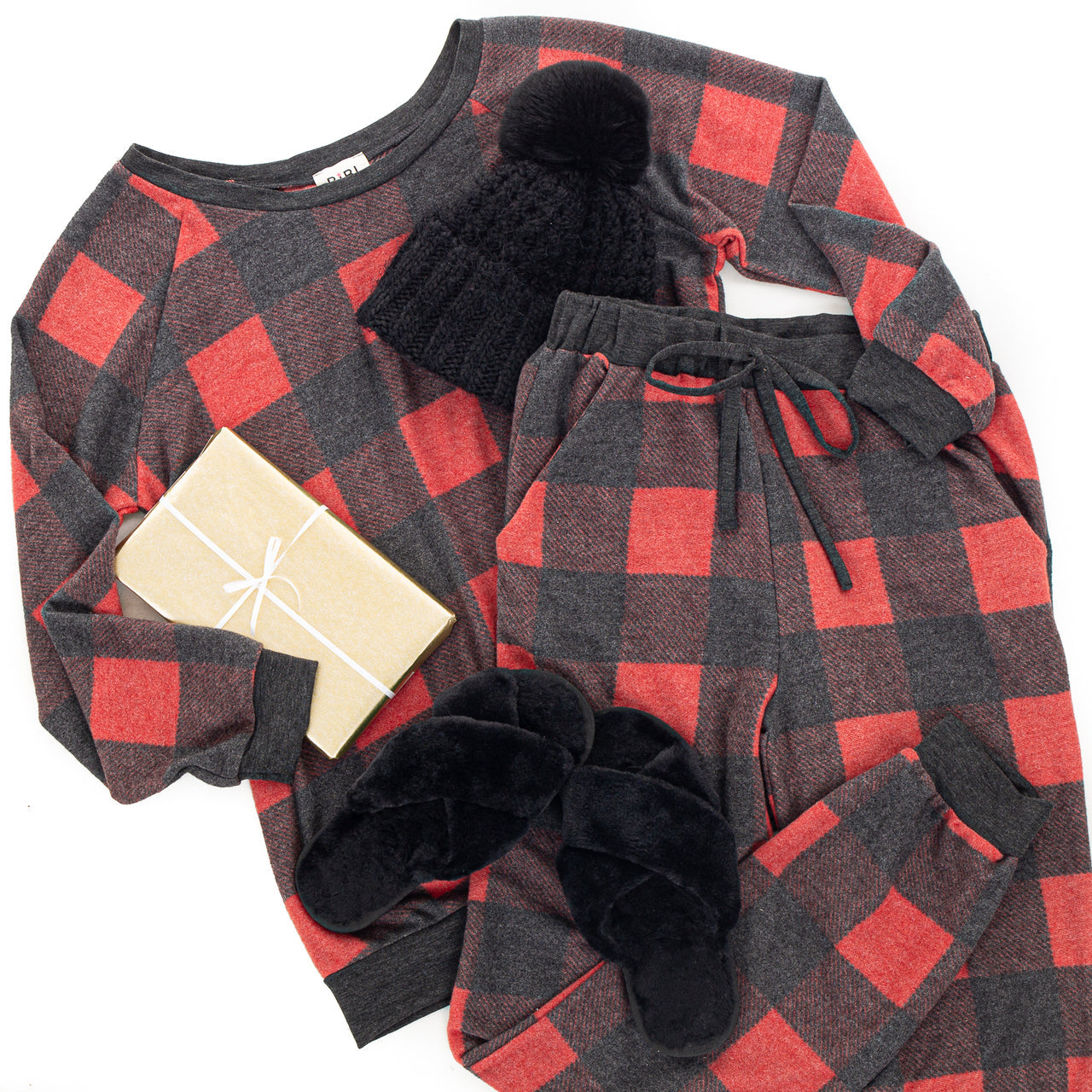 Candy Apple Red Buffalo Plaid Long Sleeve Top and Jogger Set