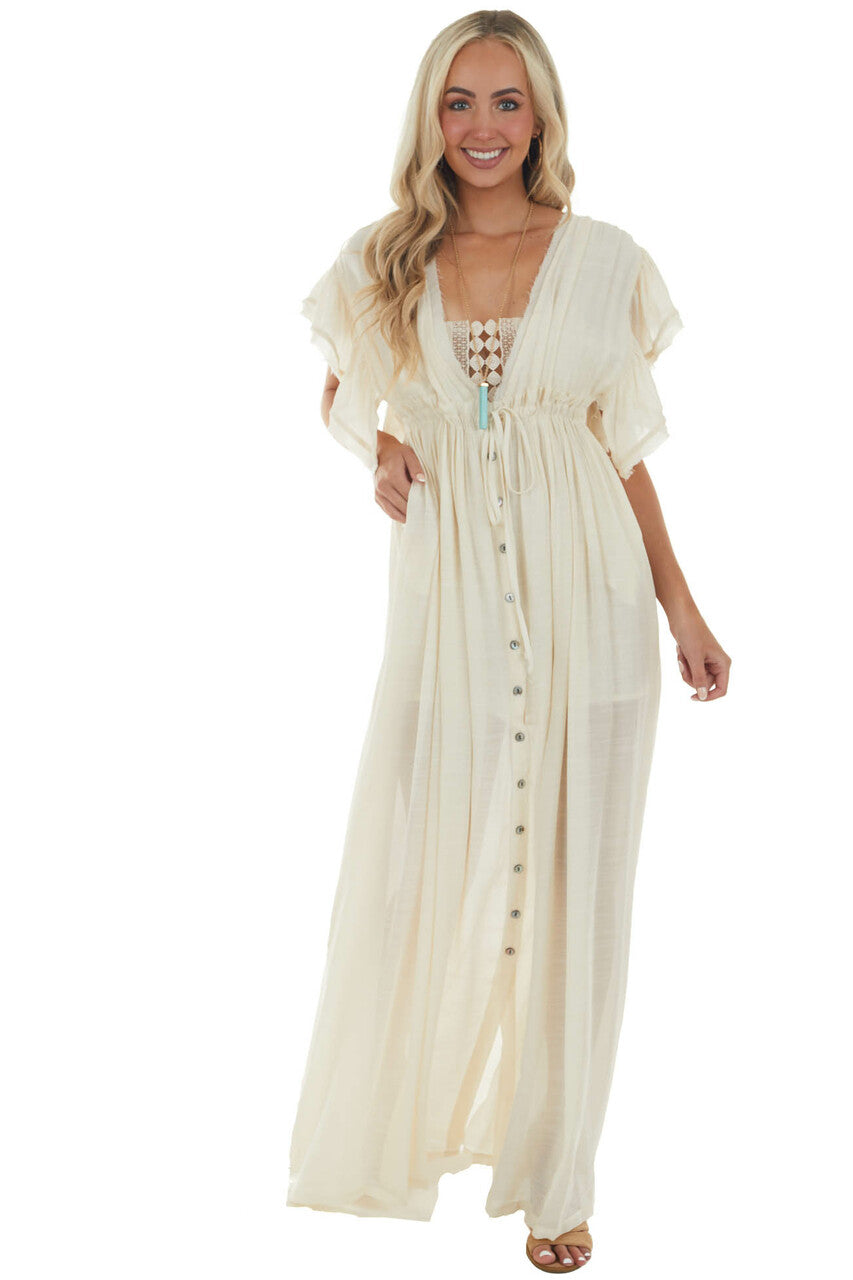 Cream Button Front Plunging V Neck Maxi Dress