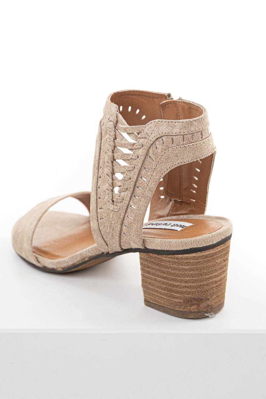 Beige Textured Block Heel Sandals with Lace Up Detail