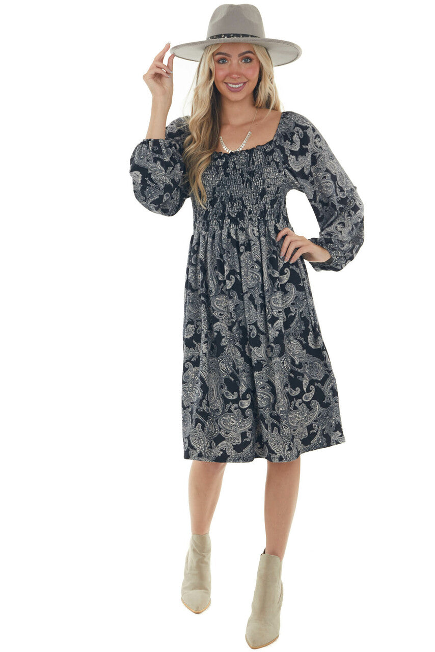 Black Paisley Print Smocked Bodice Midi Dress
