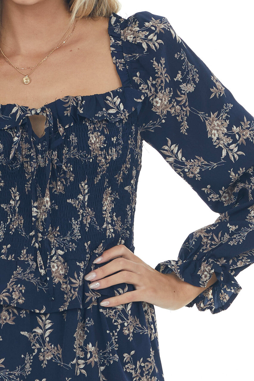 Navy and Champagne Smocked Tiered Woven Dress