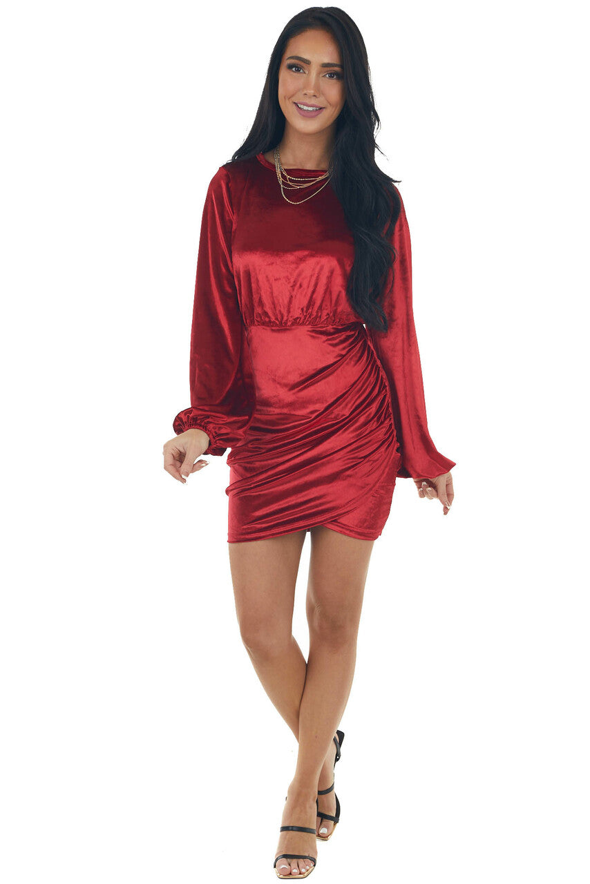 Cherry Velvet Mini Dress with Surplice Back and Tie Detail 