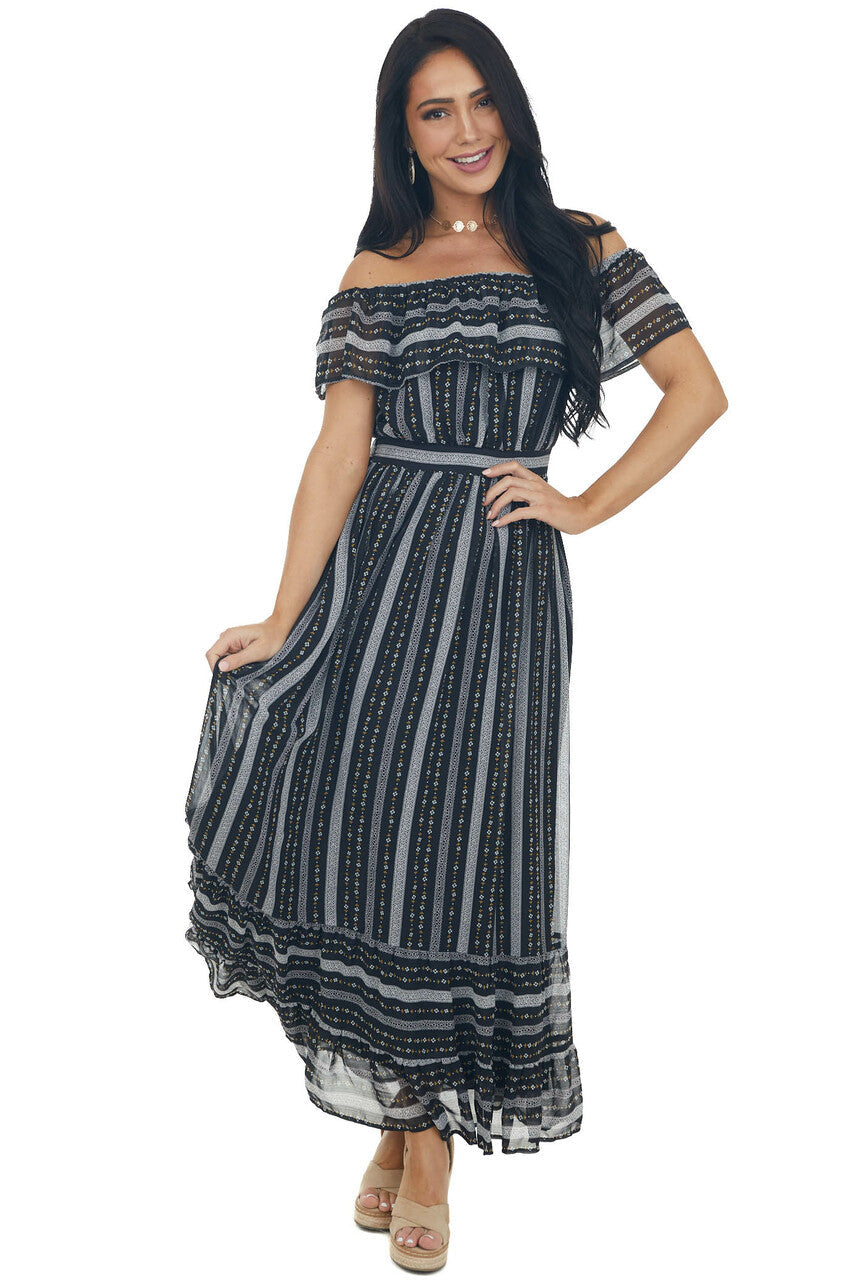 Black Multi Print Off Shoulder Maxi Dress with Ruffle Detail
