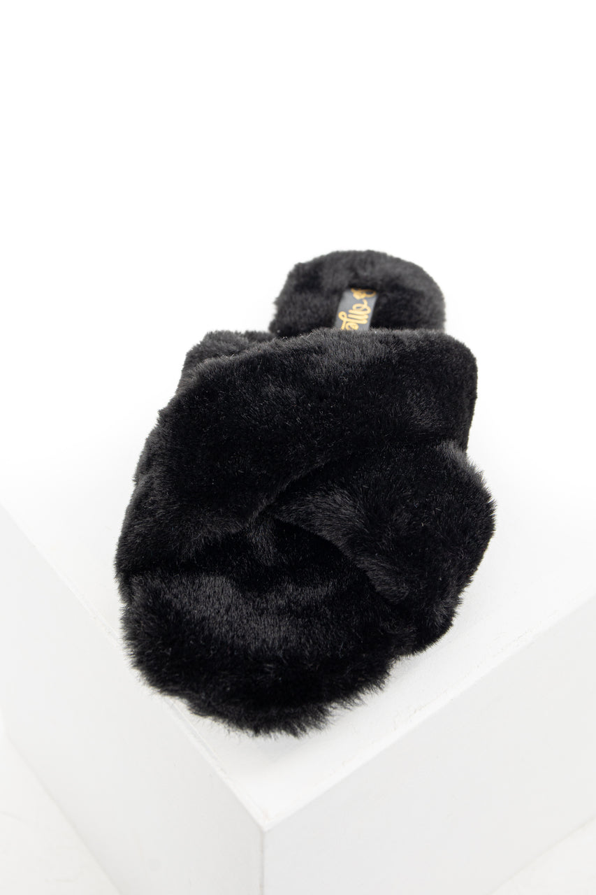 Black Fuzzy Open Toed Slippers with Criss Cross Tops
