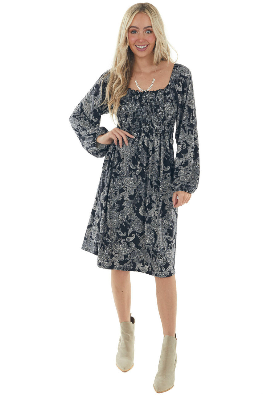 Black Paisley Print Smocked Bodice Midi Dress