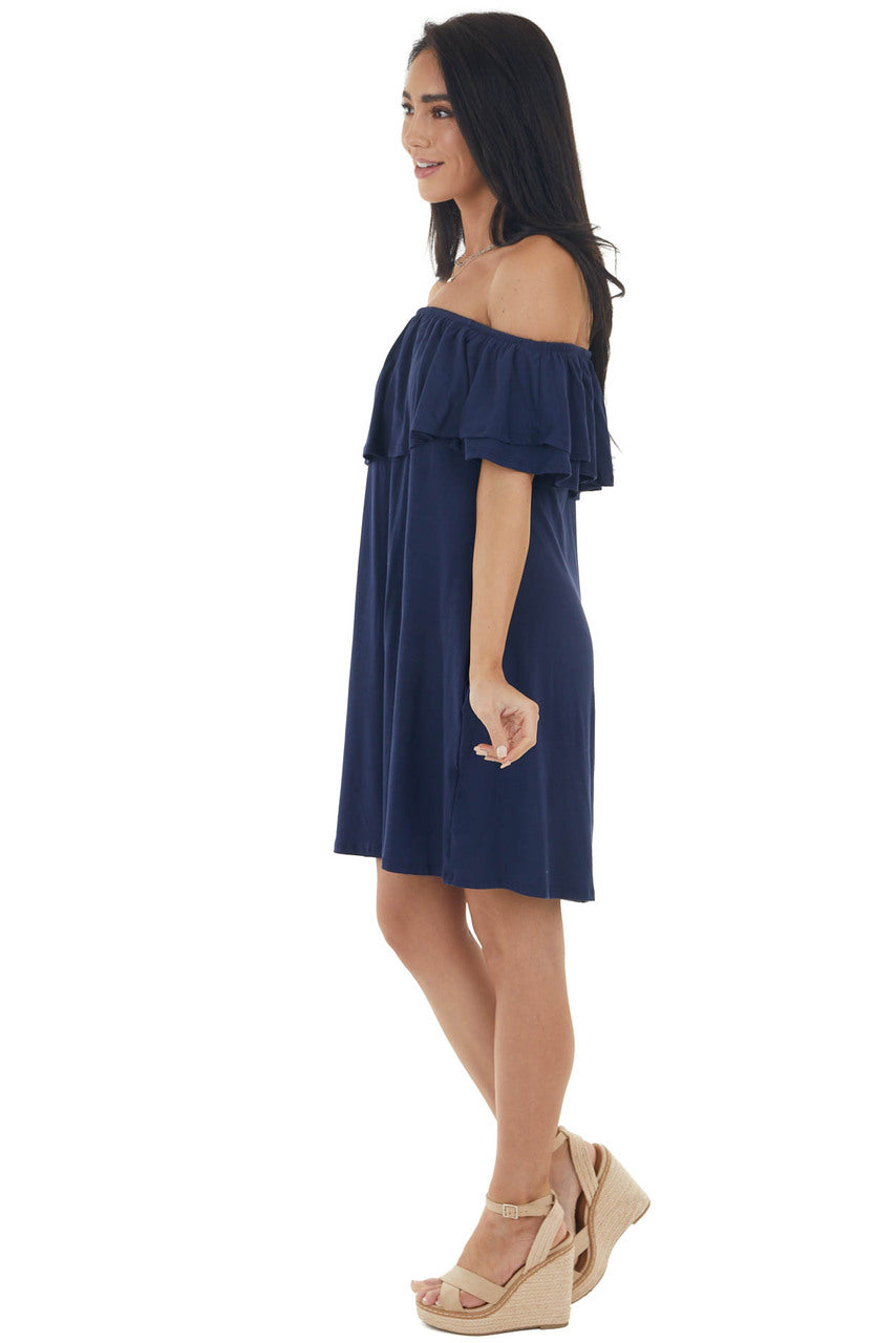 Navy Off the Shoulder Mini Dress with Ruffle Overlay
