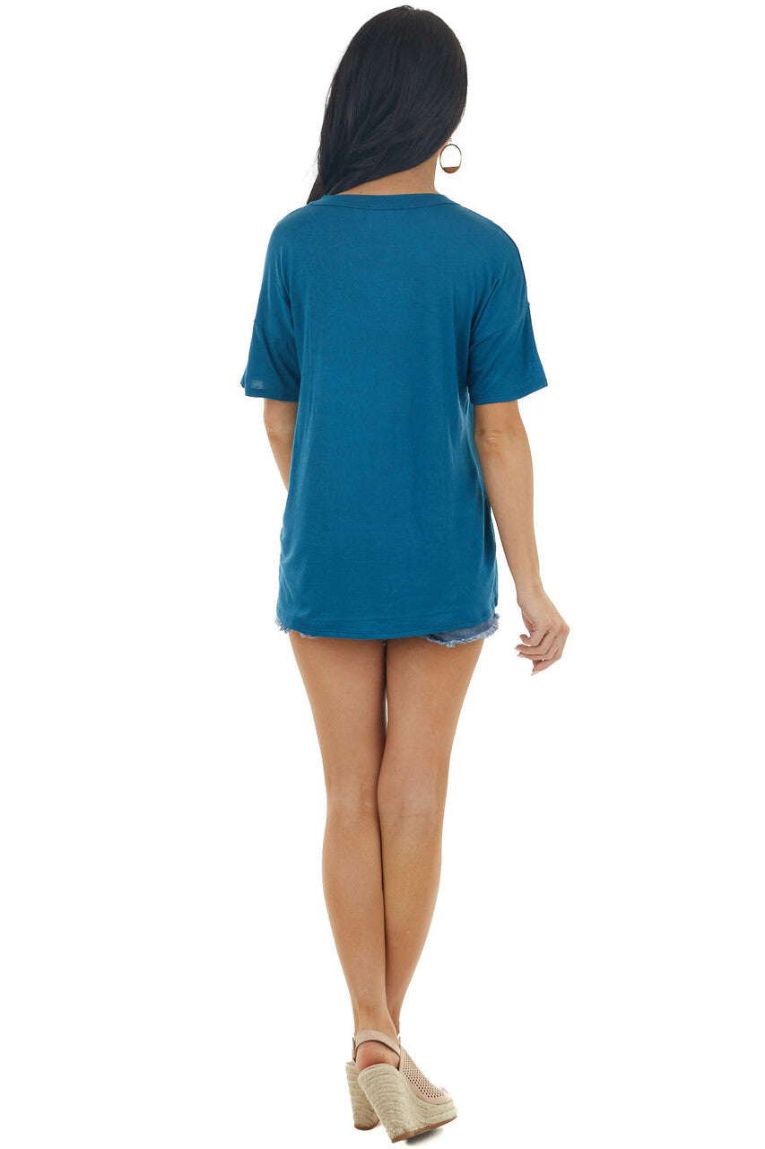 Dark Ocean Blue Short Sleeve Knit Top with Caged Neckline