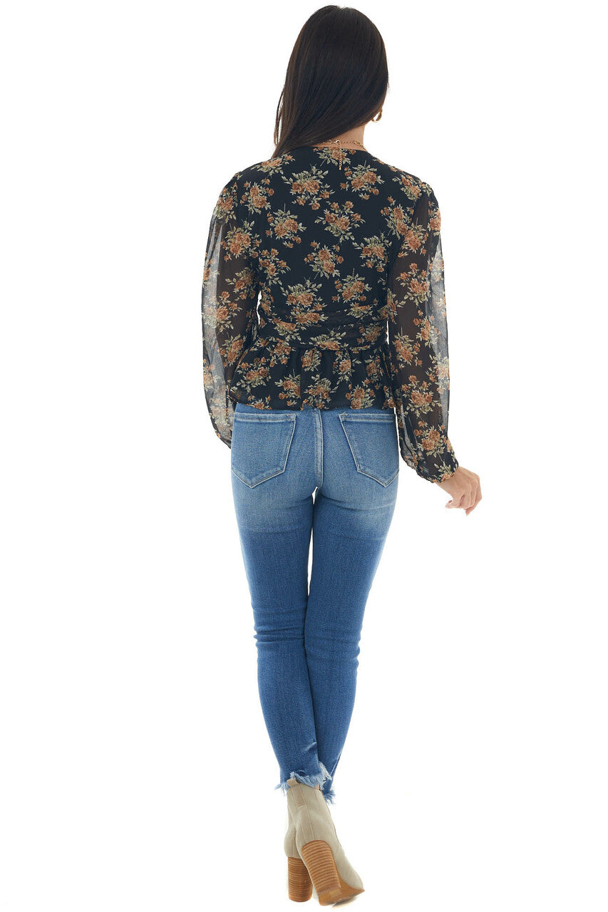 Black Floral Surplice Long Sleeve Woven Top