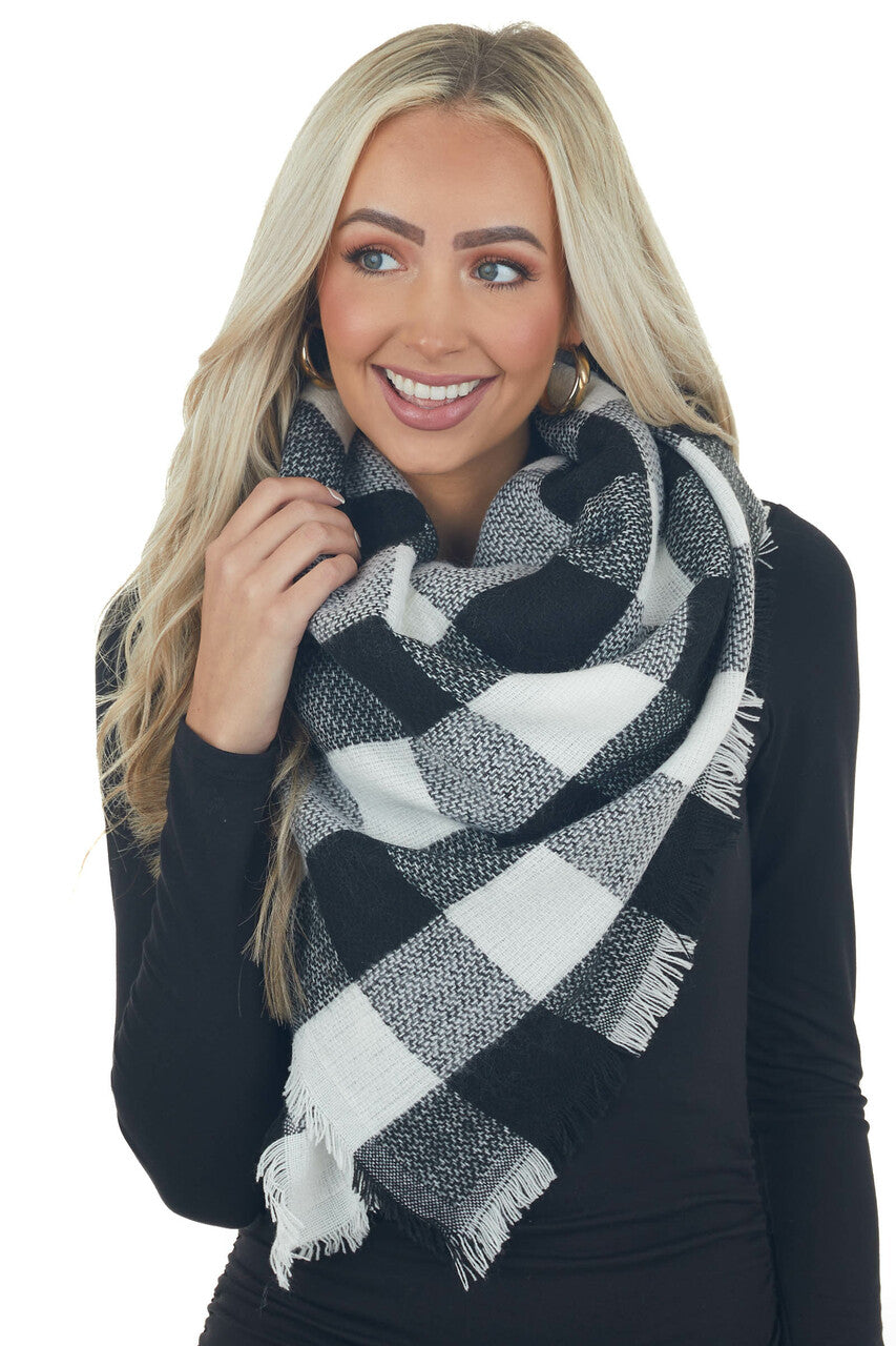 Off White Buffalo Plaid Frayed Blanket Scarf 