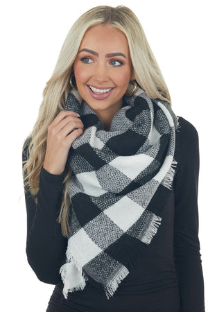 Off White Buffalo Plaid Frayed Blanket Scarf 
