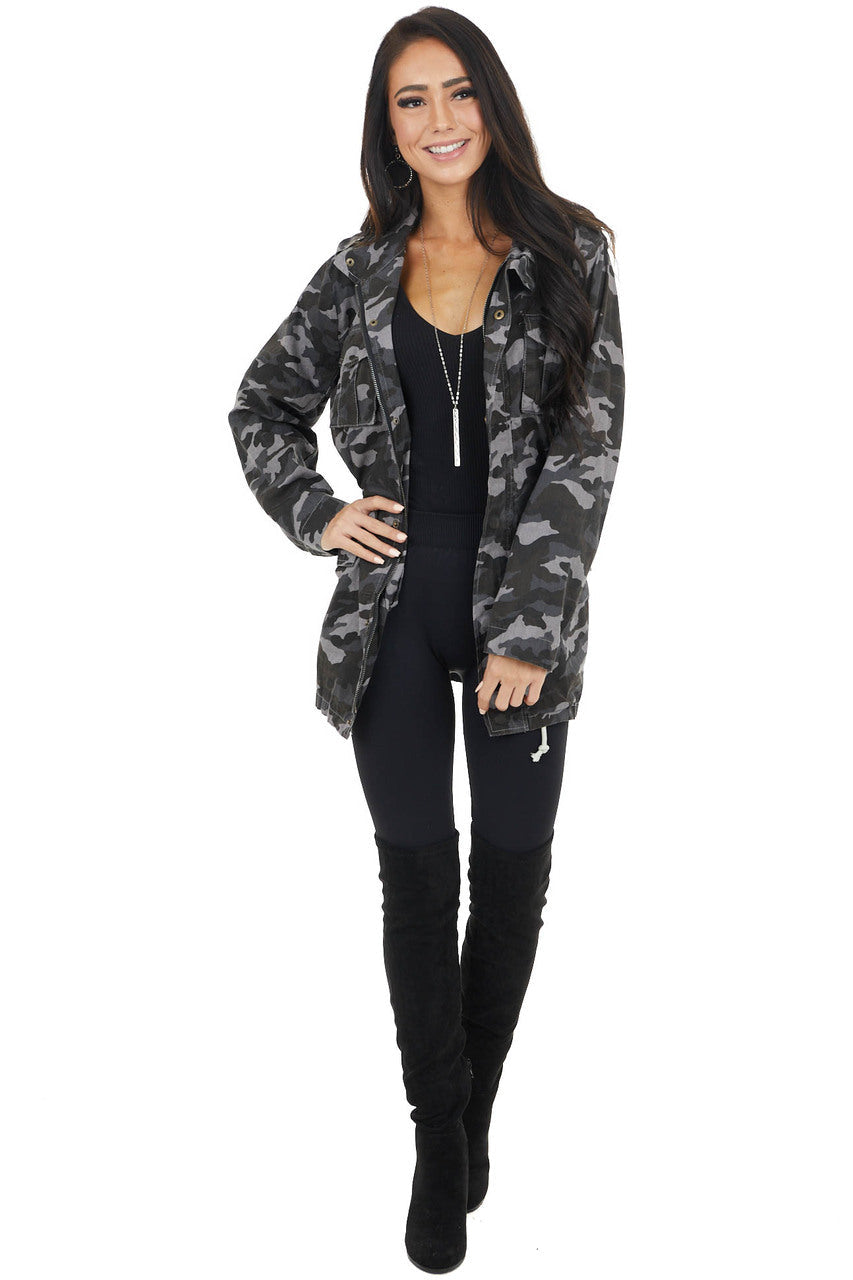 Charcoal Grey Camo Print Cargo Jacket with Pockets