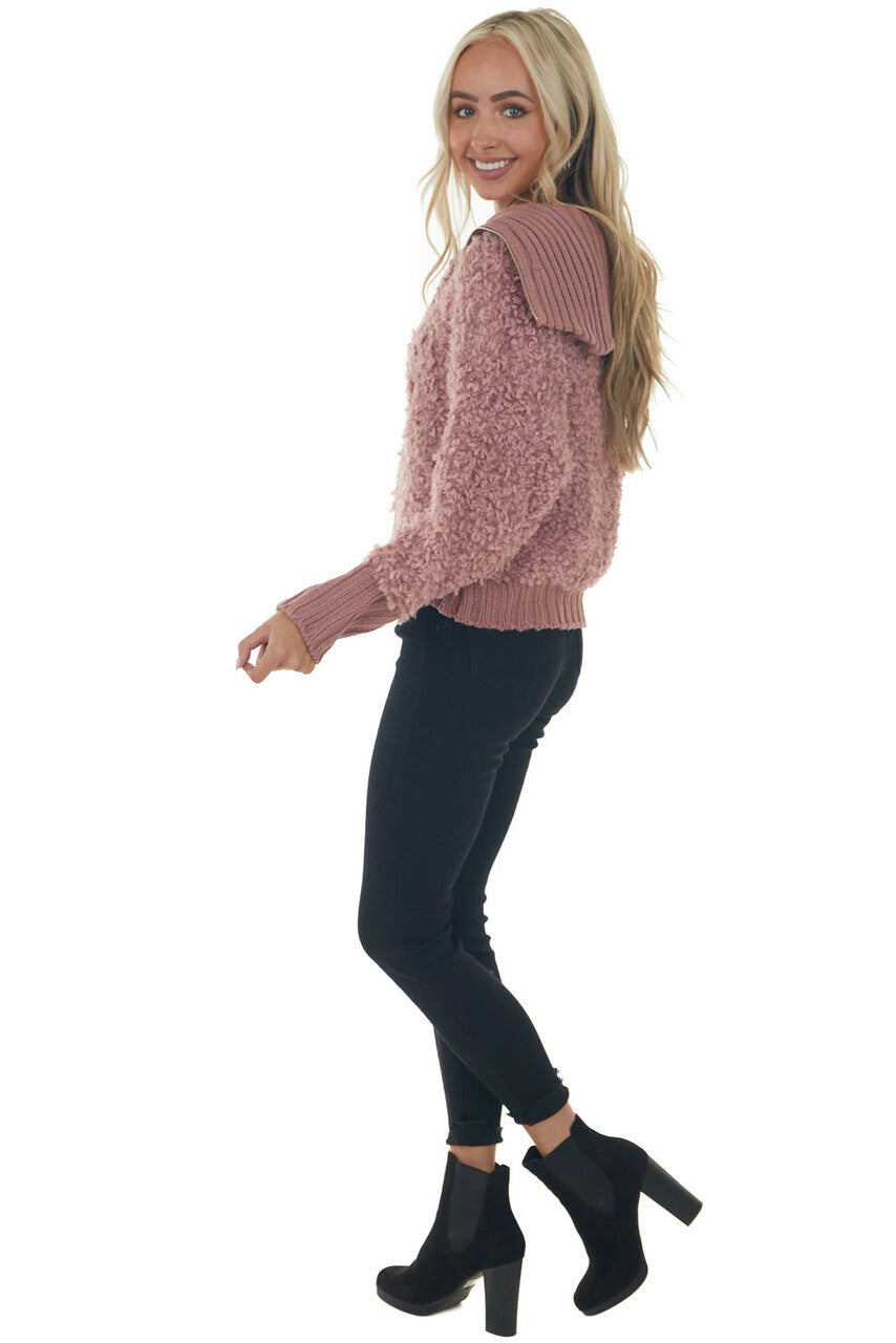 Rose Teddy Turtleneck Zip Up Sweater Jacket 