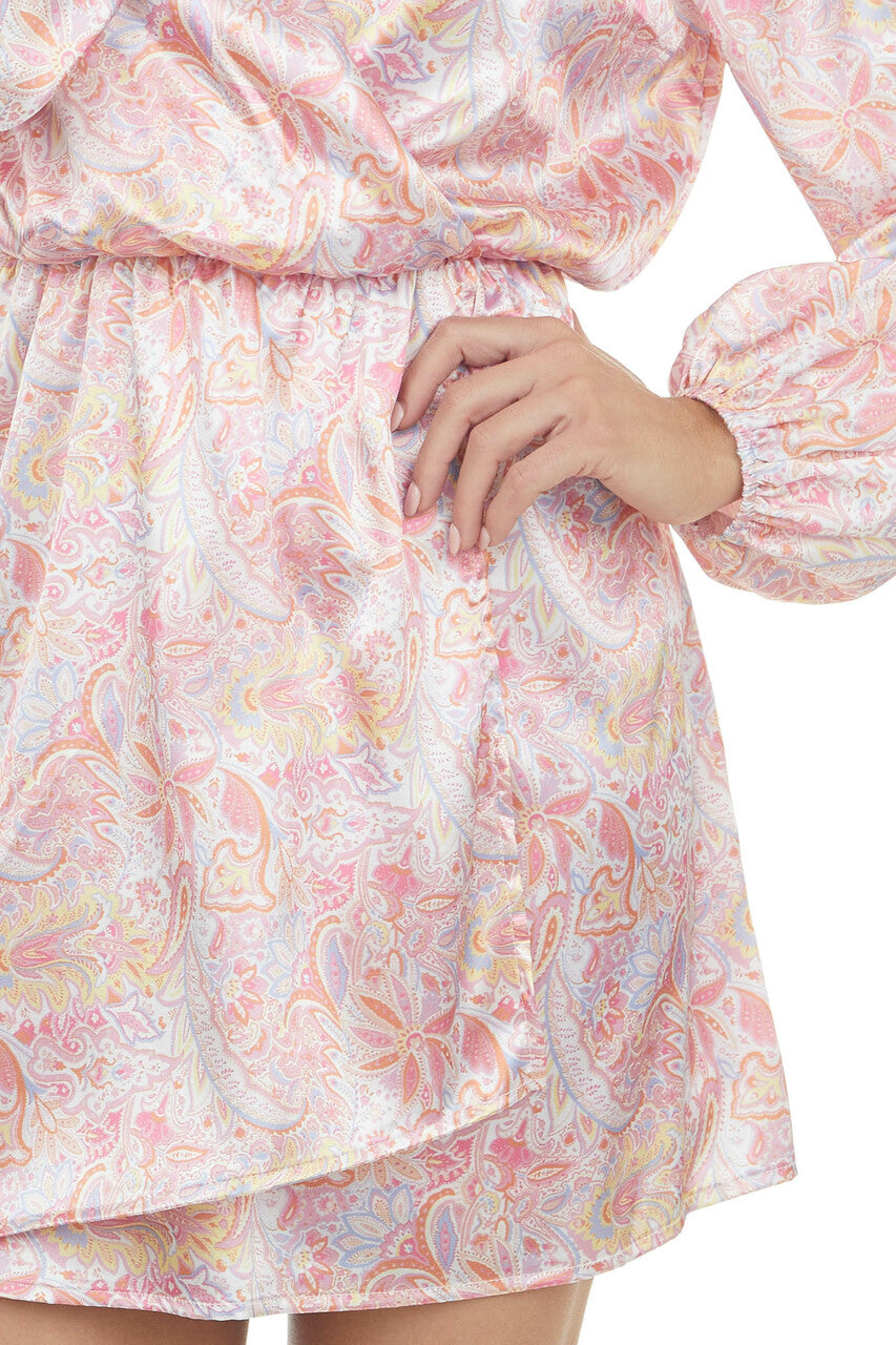 Blush Paisley Surplice V Neck Satin Dress