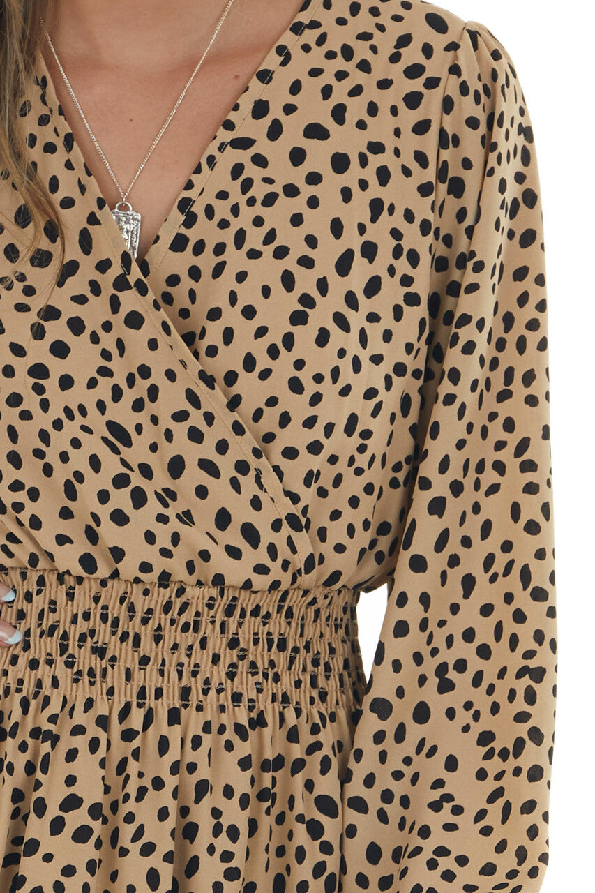 Nude Leopard Print Long Sleeve Short Dress