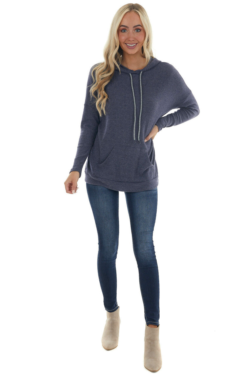 Navy Knit Sweatshirt with Striped Drawstrings 