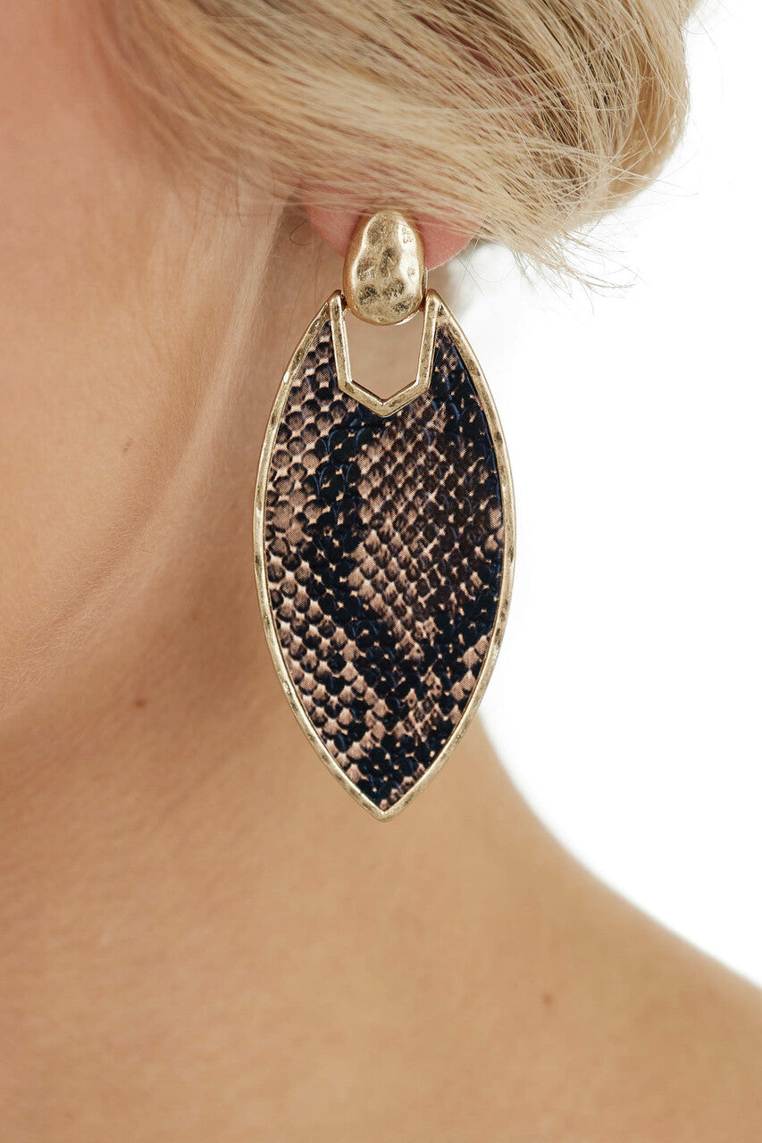 Mocha Snake Print Marquise Dangle Earrings
