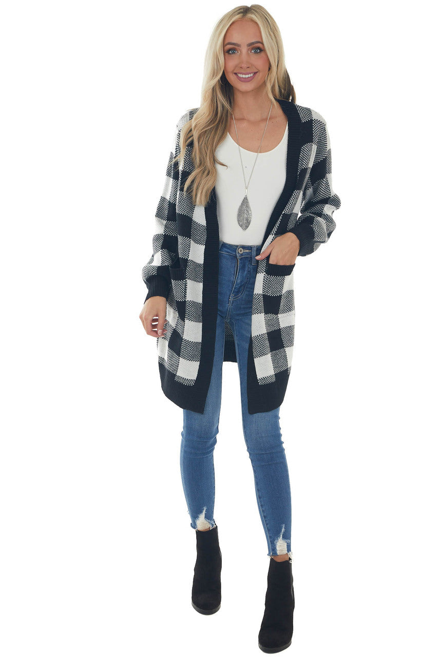 Off White Buffalo Plaid Puff Sleeve Cardigan