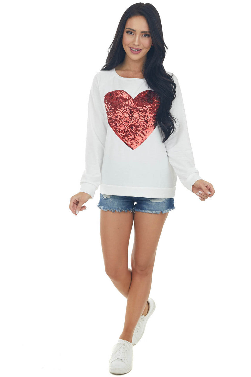 Ivory Long Sleeve Knit Top with Red Sequin Heart 
