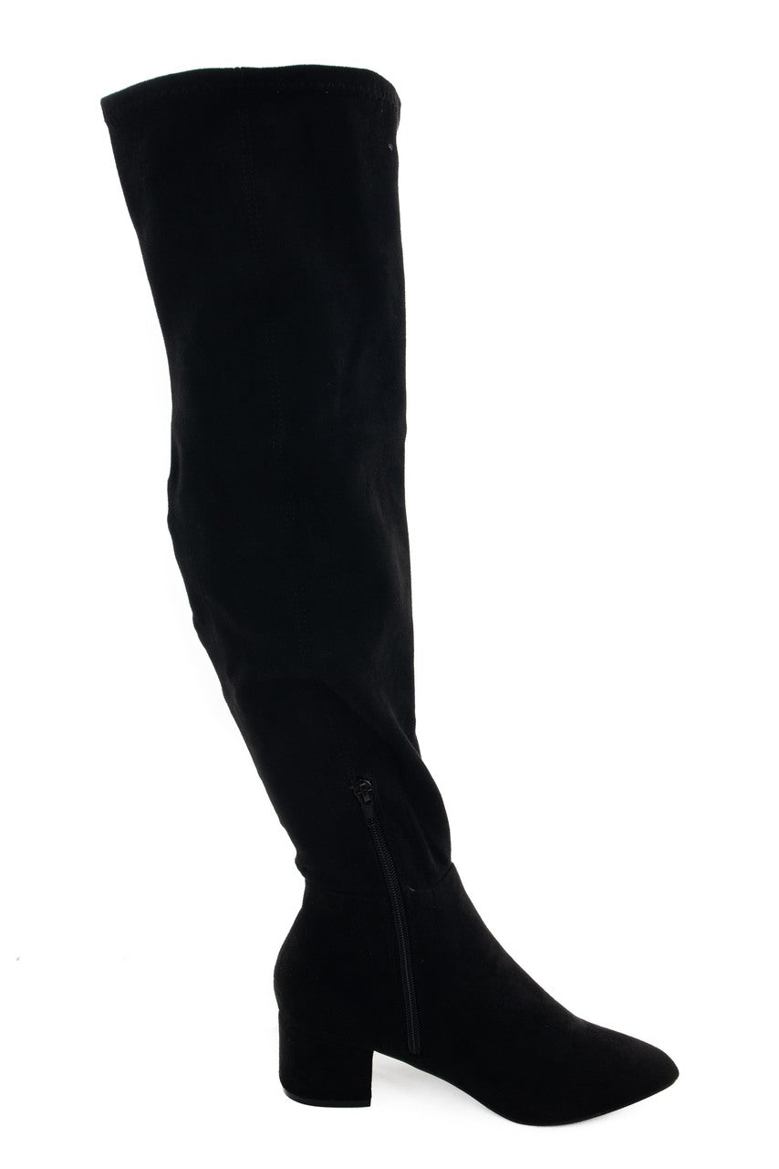 Black Faux Suede Knee High Chunky Heel Boots