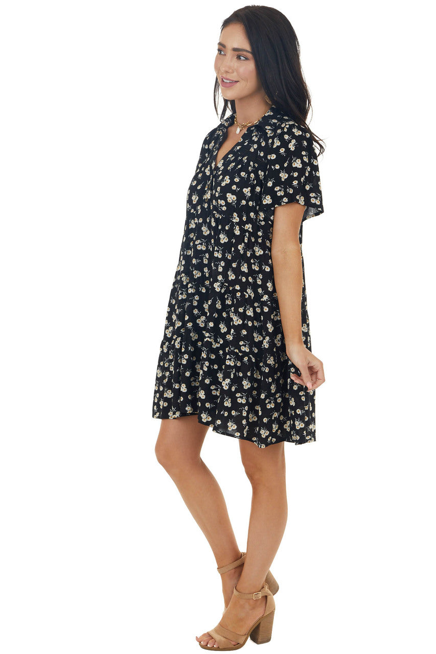 Black Ditsy Floral Tiered Babydoll Short Dress with Collar 