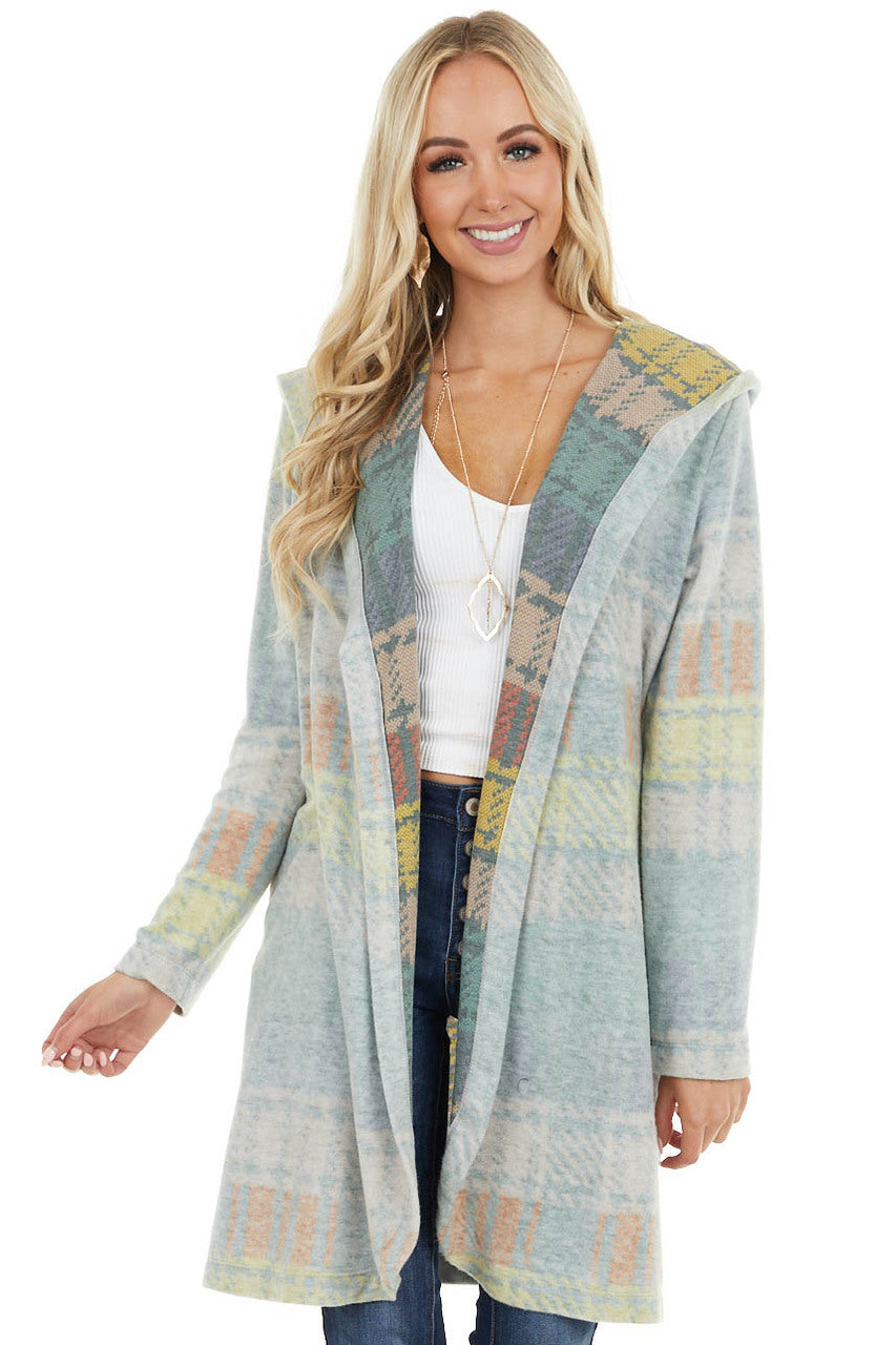 Faded Sage Multicolor Plaid Open Front Cardigan with Hood