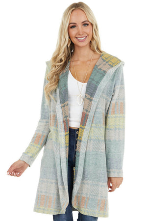 Faded Sage Multicolor Plaid Open Front Cardigan with Hood