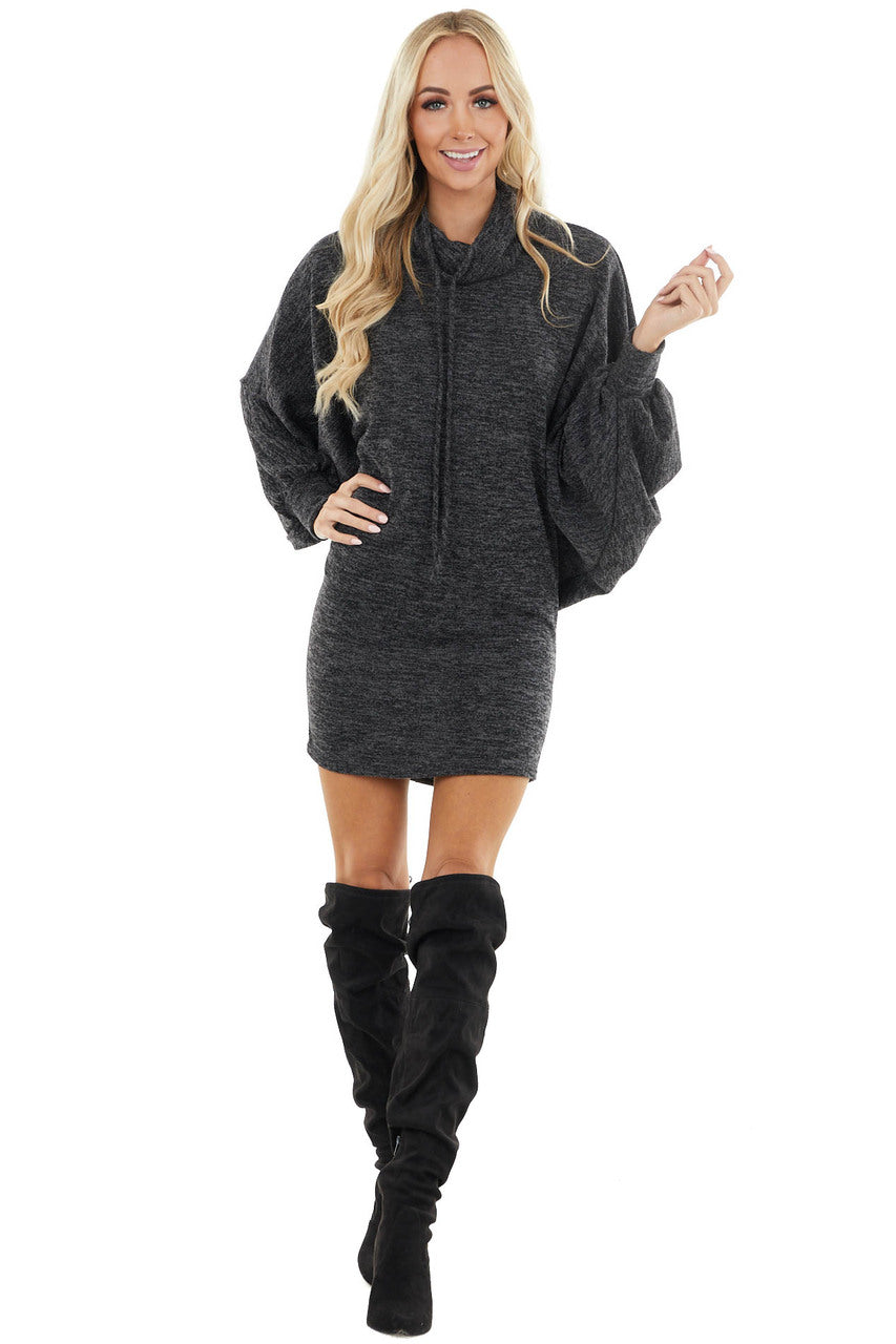 Black Two Tone Long Dolman Sleeve Dress with Cowl Neckline