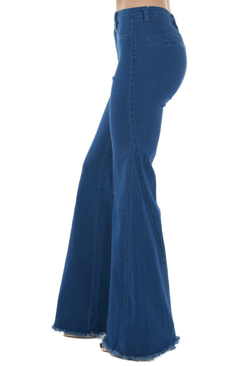 Dark Wash High Rise Frayed Hem Flare Jeans 
