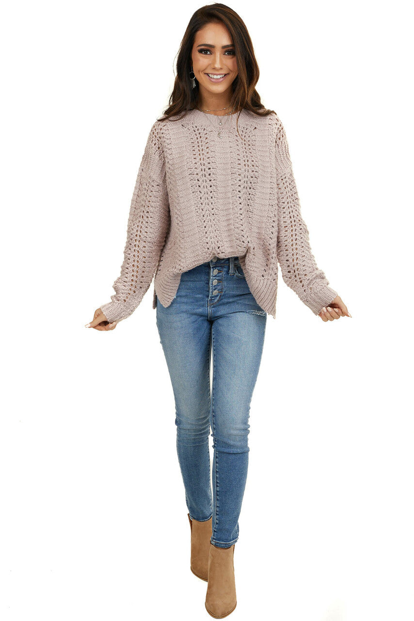 Light Mauve Loose Knit Fuzzy Sweater with Ribbed Trim