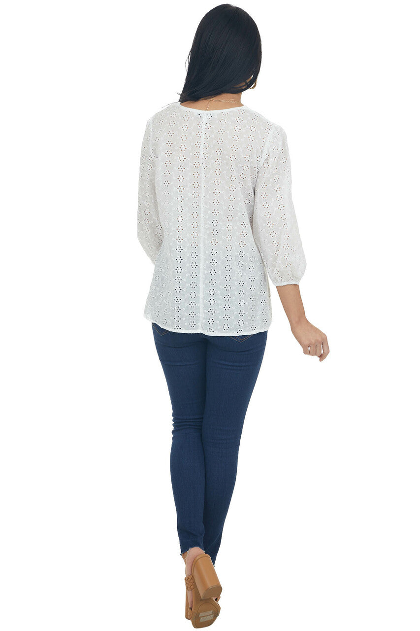 Ivory 3/4 Sleeve Floral Eyelet Lace Blouse with V Neckline